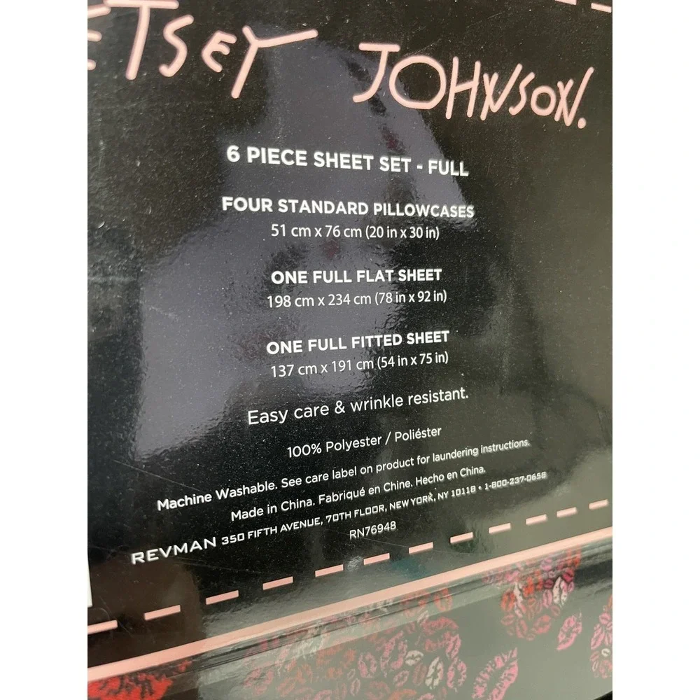 Betsey Johnson 6 Pc FULL Sheet Set w/4 Pillowcases Black‎ Pink Hearts Lipstick